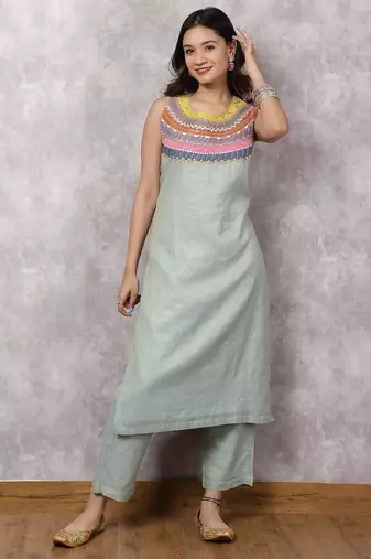 Aqua tissue chanderi colorblock yoke suit set
