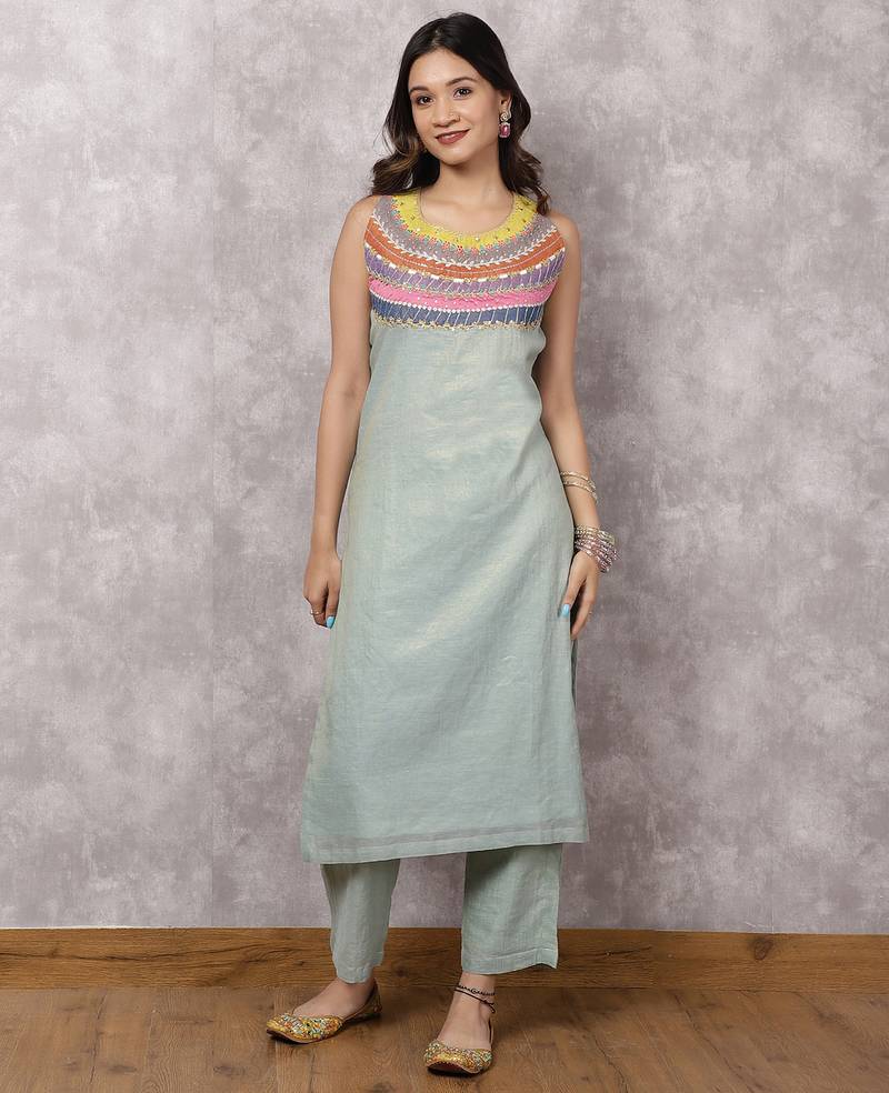 Aqua tissue chanderi colorblock yoke suit set
