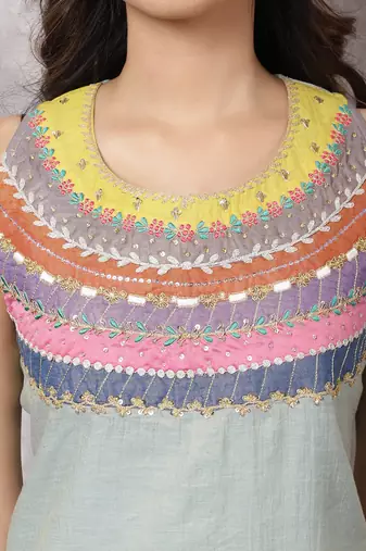 Aqua tissue chanderi colorblock yoke suit set