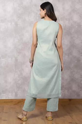 Aqua tissue chanderi colorblock yoke suit set