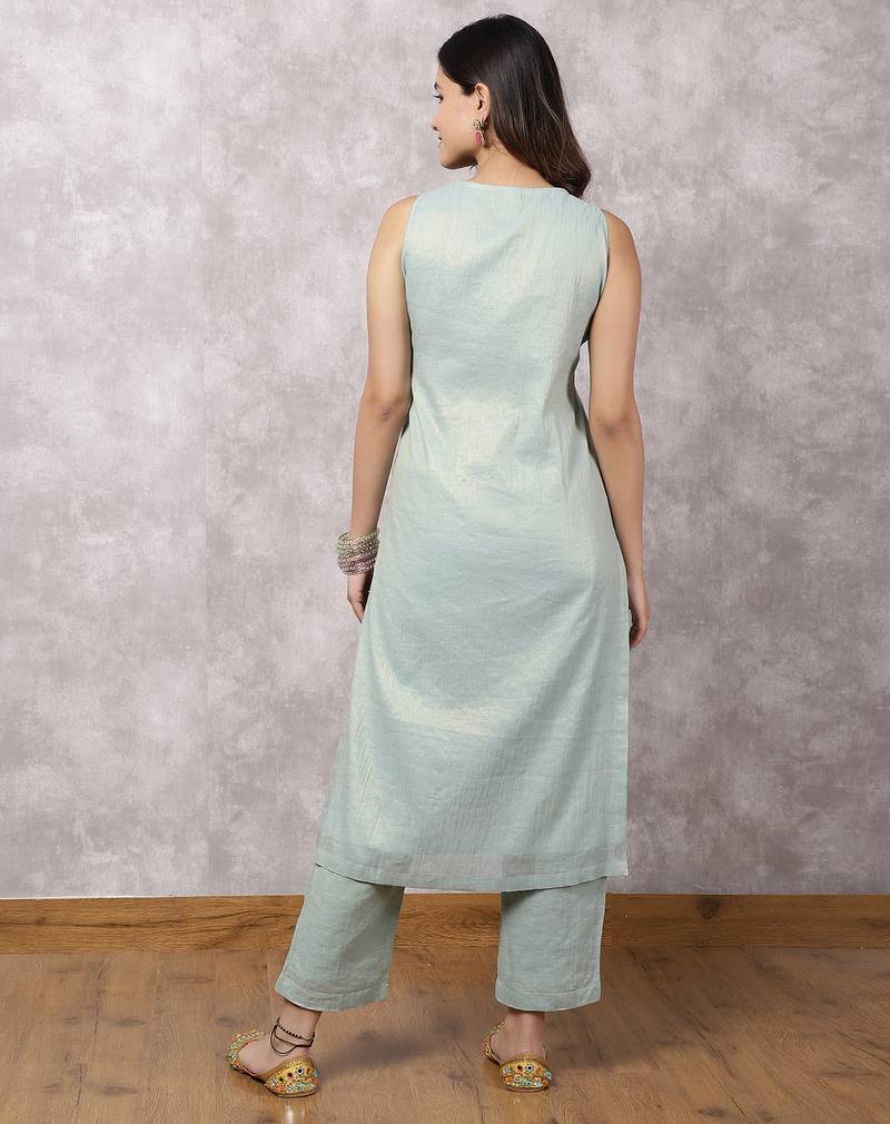 Aqua tissue chanderi colorblock yoke suit set