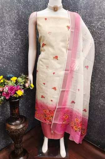Shimmer print unstitched suit with heavy santoon bottom and soft cotton dupatta