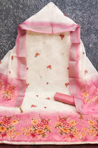Shimmer print unstitched suit with heavy santoon bottom and soft cotton dupatta