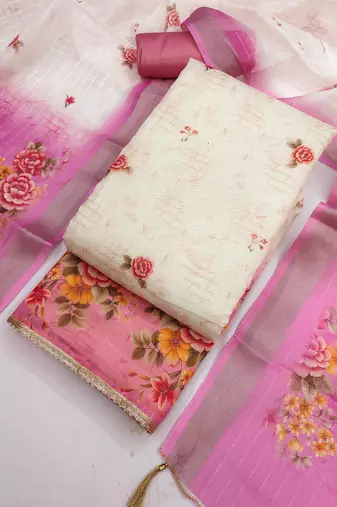Shimmer print unstitched suit with heavy santoon bottom and soft cotton dupatta