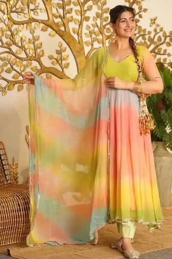 multi color digital print and lace work faux georgette anarkali style salwar kameez 