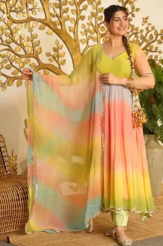 multi color digital print and lace work faux georgette anarkali style salwar kameez 