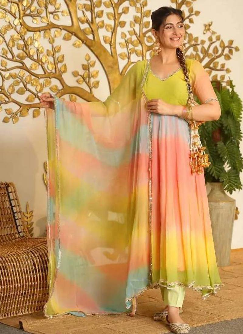 multi color digital print and lace work faux georgette anarkali style salwar kameez 