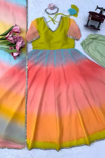 multi color digital print and lace work faux georgette anarkali style salwar kameez 