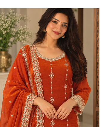 orange color thread and sequnce work silk blend salwar kameez set 1