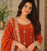 orange color thread and sequnce work silk blend salwar kameez set