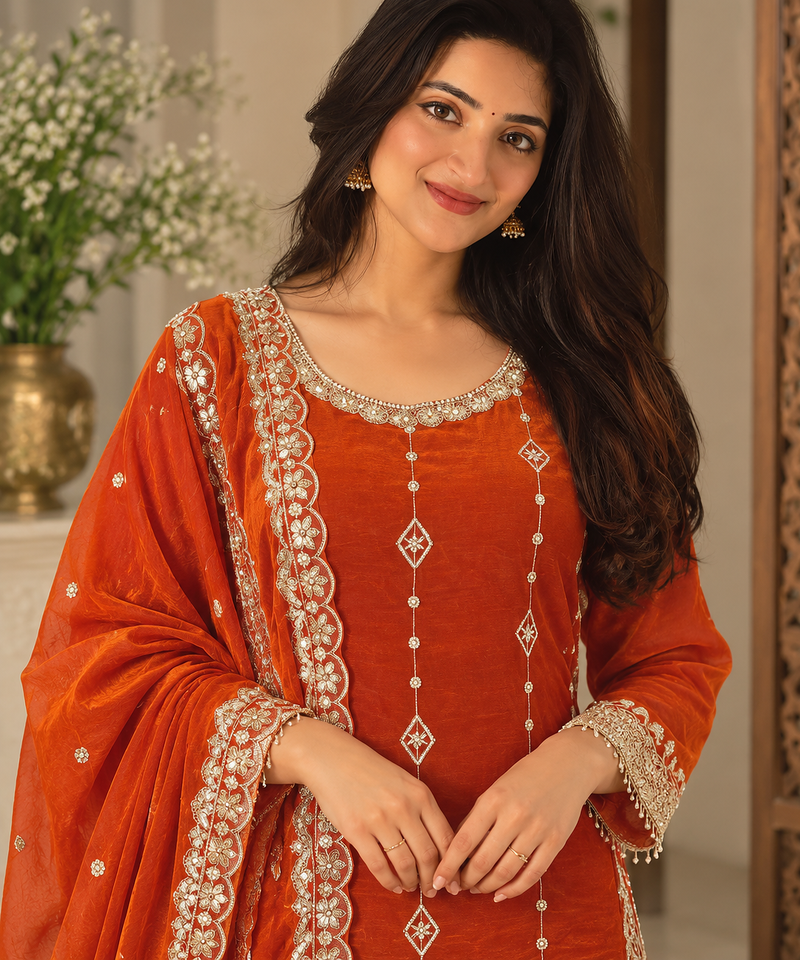 orange color thread and sequnce work silk blend salwar kameez set