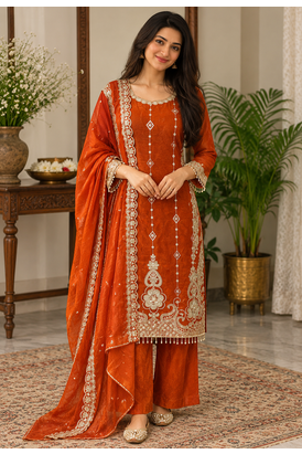 orange color thread and sequnce work silk blend salwar kameez set 2