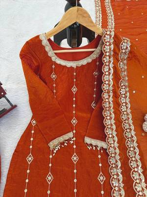 orange color thread and sequnce work silk blend salwar kameez set 4