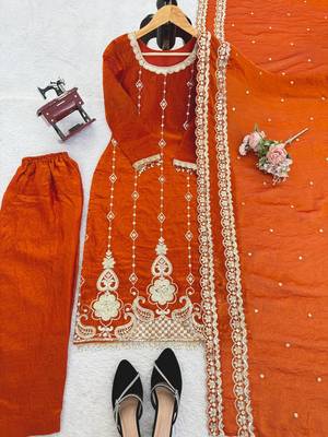 orange color thread and sequnce work silk blend salwar kameez set 5