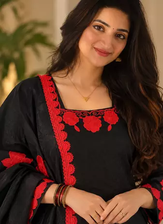 black color thread and sequnce work silk blend salwar kameez set