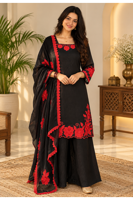 black color thread and sequnce work silk blend salwar kameez set 1