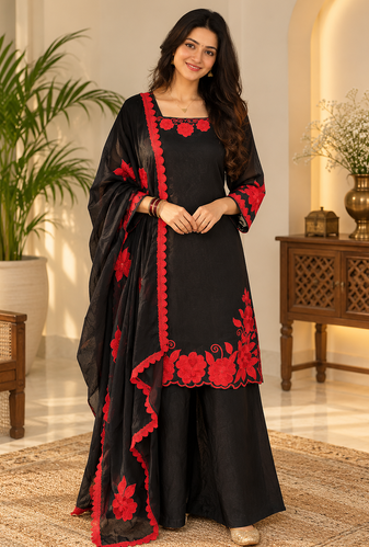 black color thread and sequnce work silk blend salwar kameez set