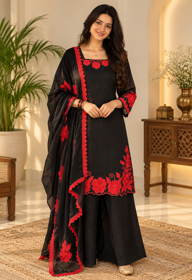 black color thread and sequnce work silk blend salwar kameez set