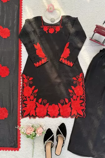 black color thread and sequnce work silk blend salwar kameez set
