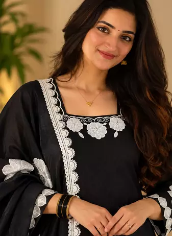 black color thread and sequnce work silk blend salwar kameez set