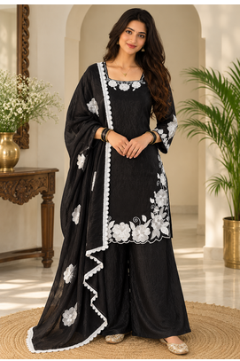 black color thread and sequnce work silk blend salwar kameez set 1