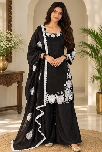 black color thread and sequnce work silk blend salwar kameez set
