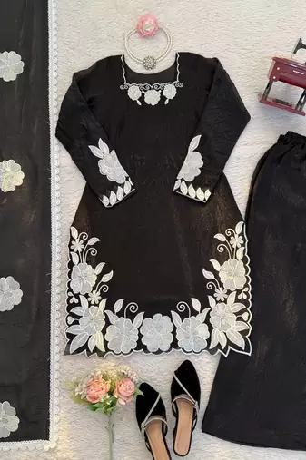 black color thread and sequnce work silk blend salwar kameez set