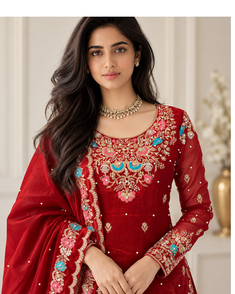 maroon color thread,sequnce and moti work silk blend salwar kameez set 2