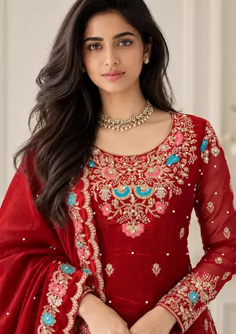 maroon color thread,sequnce and moti work silk blend salwar kameez set