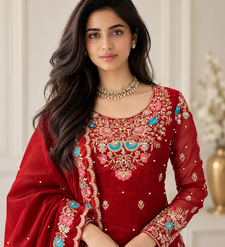 maroon color thread,sequnce and moti work silk blend salwar kameez set
