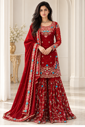 maroon color thread,sequnce and moti work silk blend salwar kameez set 1