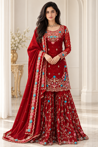 maroon color thread,sequnce and moti work silk blend salwar kameez set