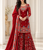 maroon color thread,sequnce and moti work silk blend salwar kameez set