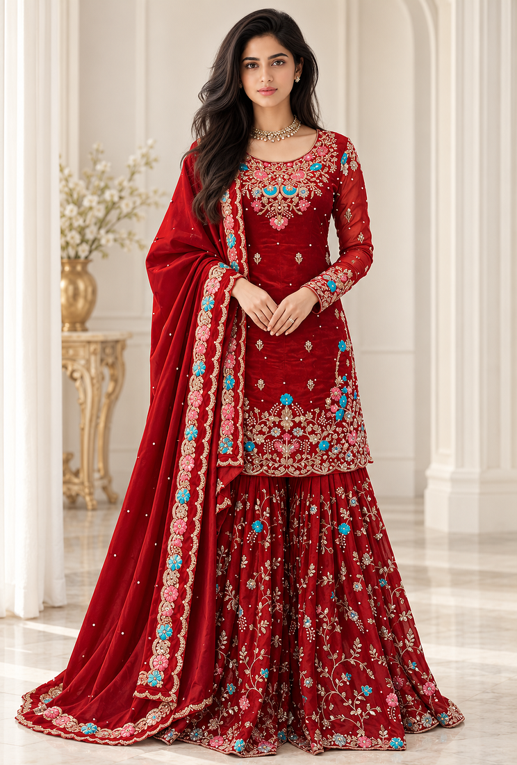 maroon color thread,sequnce and moti work silk blend salwar kameez set