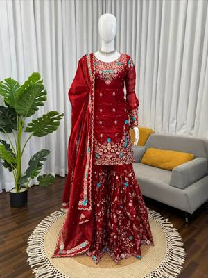maroon color thread,sequnce and moti work silk blend salwar kameez set 3