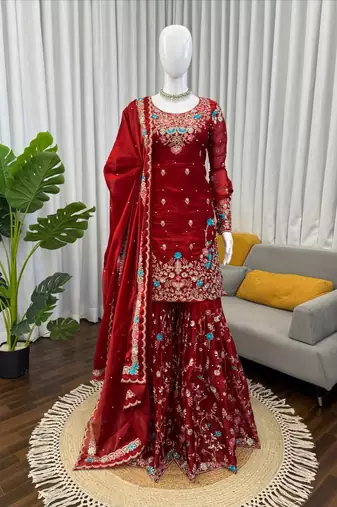 maroon color thread,sequnce and moti work silk blend salwar kameez set