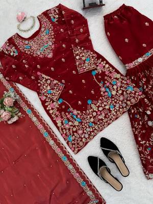 maroon color thread,sequnce and moti work silk blend salwar kameez set 4
