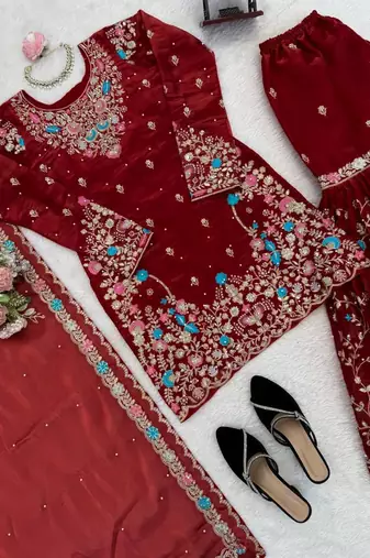 maroon color thread,sequnce and moti work silk blend salwar kameez set