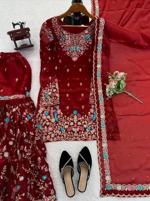 maroon color thread,sequnce and moti work silk blend salwar kameez set 5