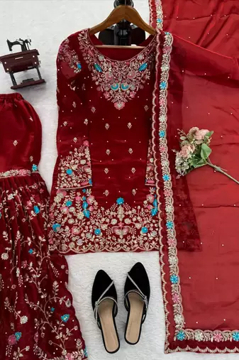 maroon color thread,sequnce and moti work silk blend salwar kameez set