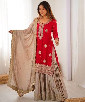 red color coding,sequnce and pearl work silk blend salwar kameez set 1