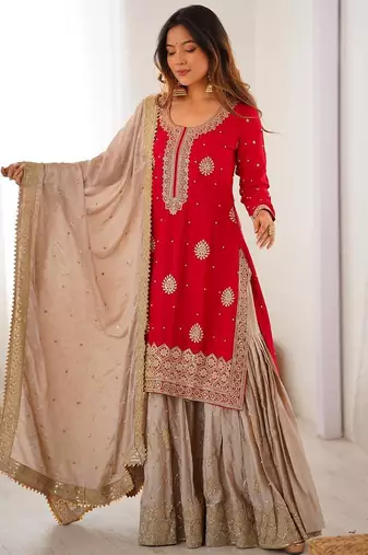 red color coding,sequnce and pearl work silk blend salwar kameez set