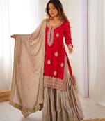 red color coding,sequnce and pearl work silk blend salwar kameez set