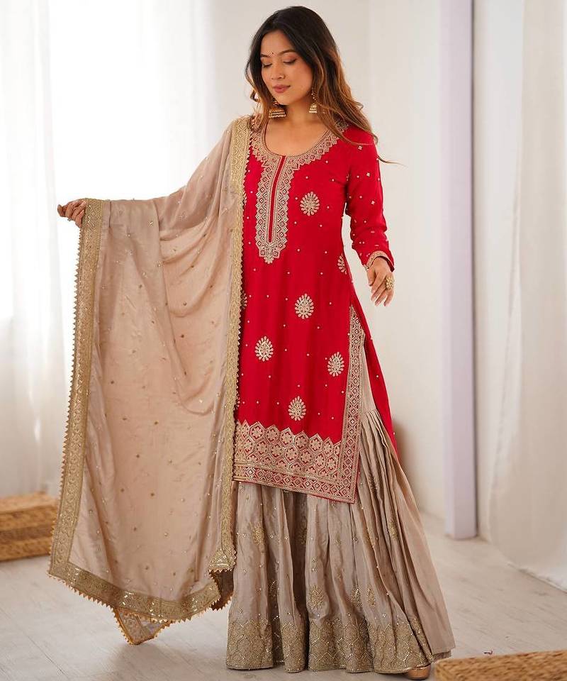 red color coding,sequnce and pearl work silk blend salwar kameez set