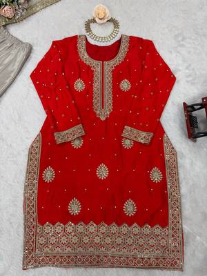 red color coding,sequnce and pearl work silk blend salwar kameez set 3