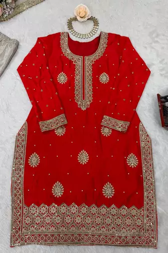 red color coding,sequnce and pearl work silk blend salwar kameez set