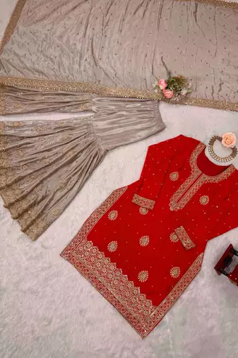 red color coding,sequnce and pearl work silk blend salwar kameez set