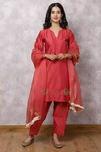 Coral silk blend chanderi hand embroidered suit set with dupatta