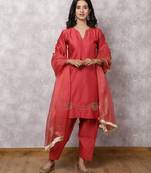 Coral silk blend chanderi hand embroidered suit set with dupatta