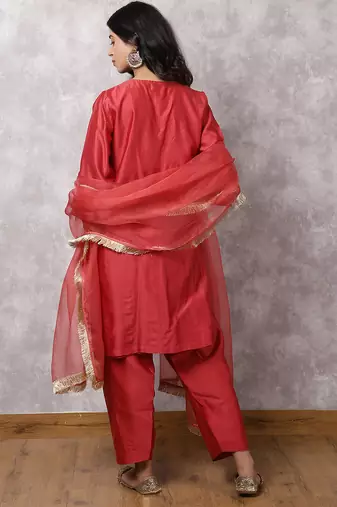 Coral silk blend chanderi hand embroidered suit set with dupatta